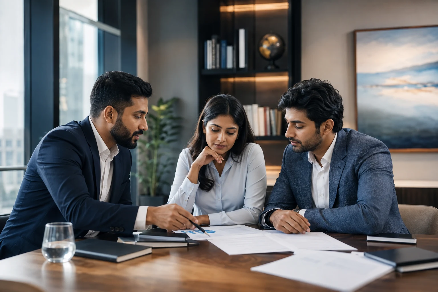 Entrepreneurs reviewing a cross-border business plan together